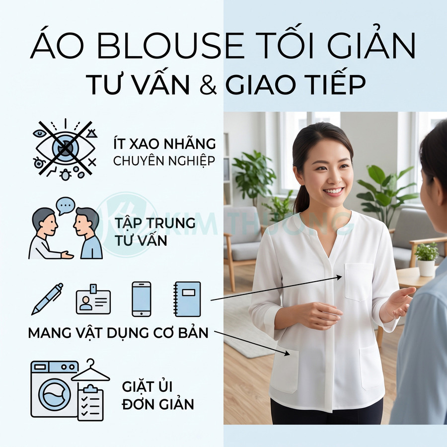 Áo blouse trắng tối giản cho nhân viên tư vấn giao tiếp chuyên nghiệp trong văn phòng