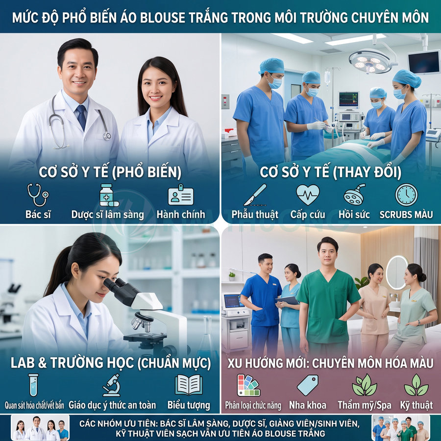 Áo blouse trắng và đồ scrubs màu cho bác sĩ, dược sĩ, kỹ thuật viên trong bệnh viện và phòng khám hiện đại