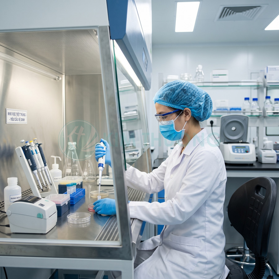 Nhân viên phòng thí nghiệm dùng micropipette thao tác mẫu trong tủ an toàn sinh học hiện đại