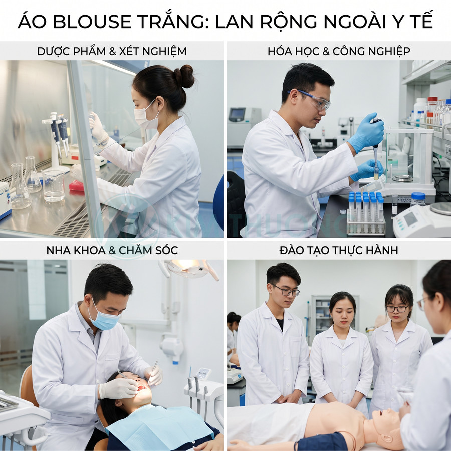 Áo blouse trắng được sử dụng trong xét nghiệm, hóa học, nha khoa và đào tạo thực hành trong phòng lab