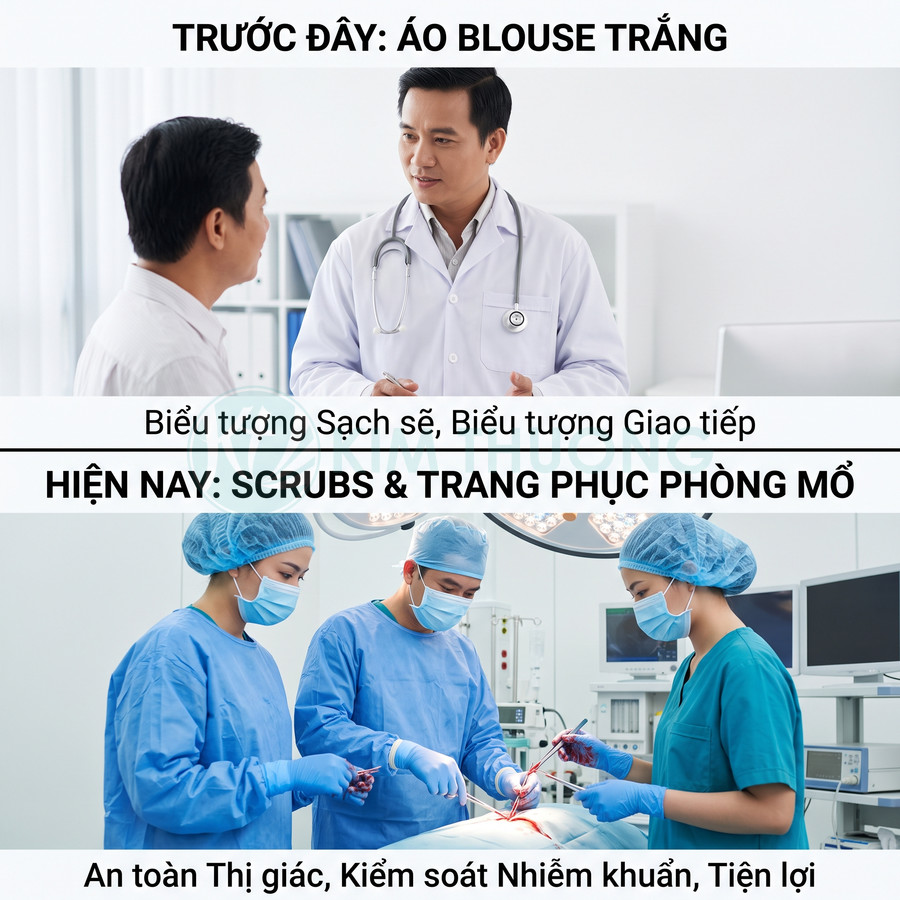 Bác sĩ mặc áo blouse trắng và ê kíp phẫu thuật mặc scrubs, trang phục phòng mổ hiện đại trong bệnh viện
