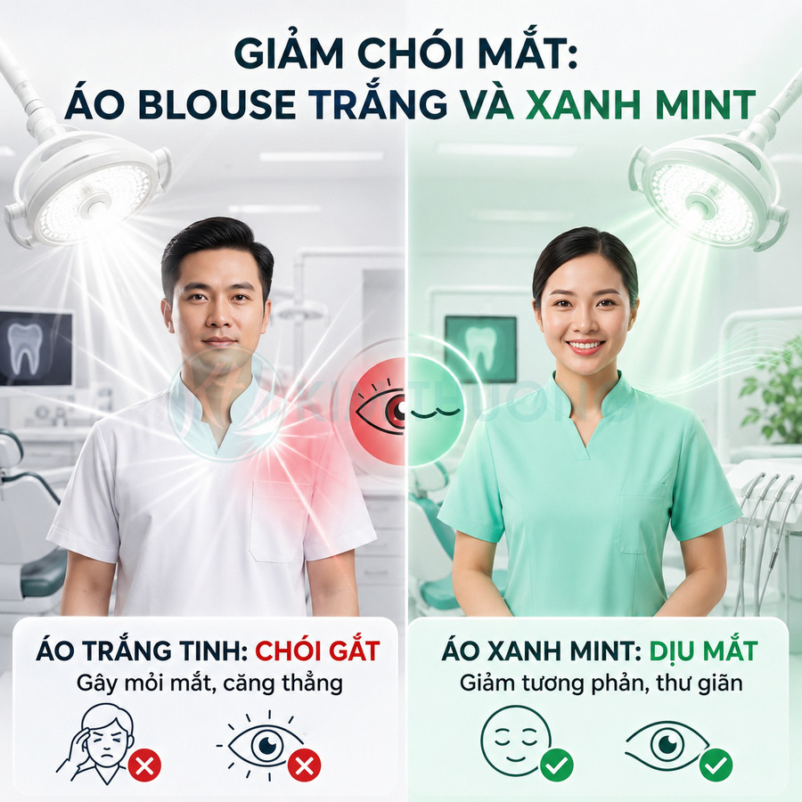 So sánh áo blouse trắng và áo blouse xanh mint cho nha sĩ trong phòng khám nha khoa