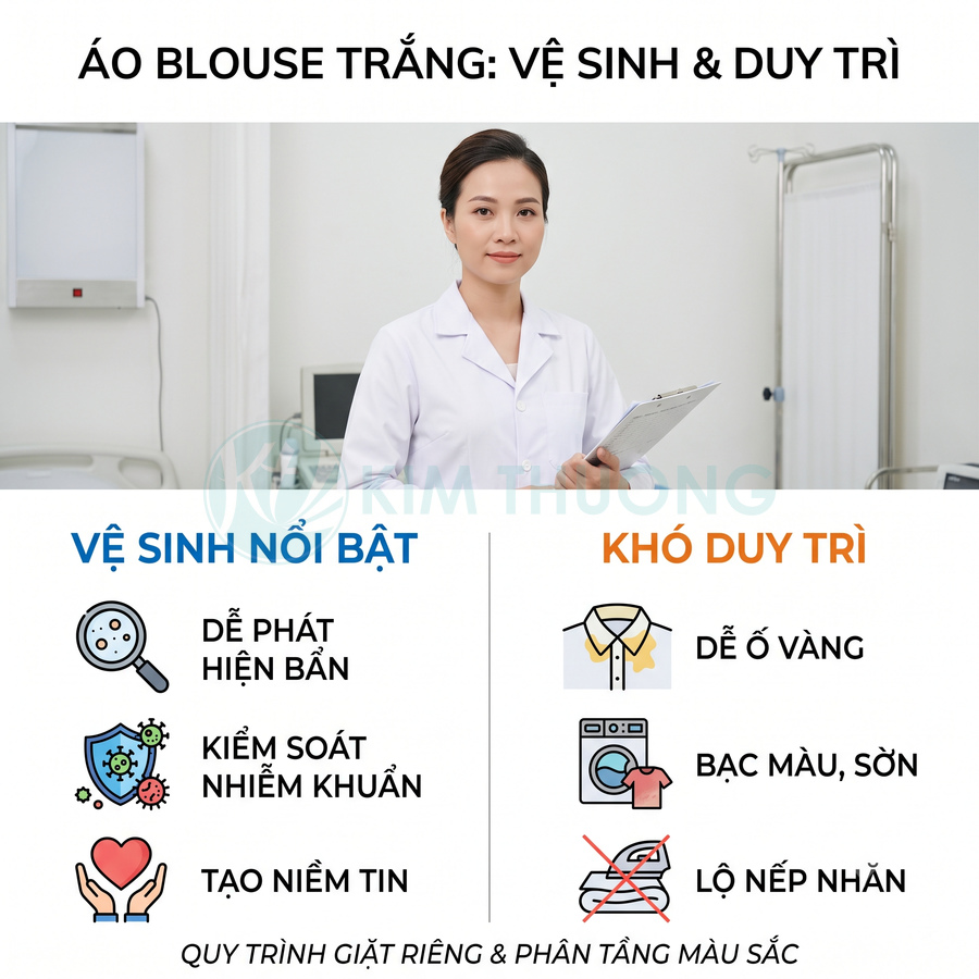 Bác sĩ mặc áo blouse trắng cầm hồ sơ trong phòng khám, infographic ưu nhược điểm vệ sinh áo blouse
