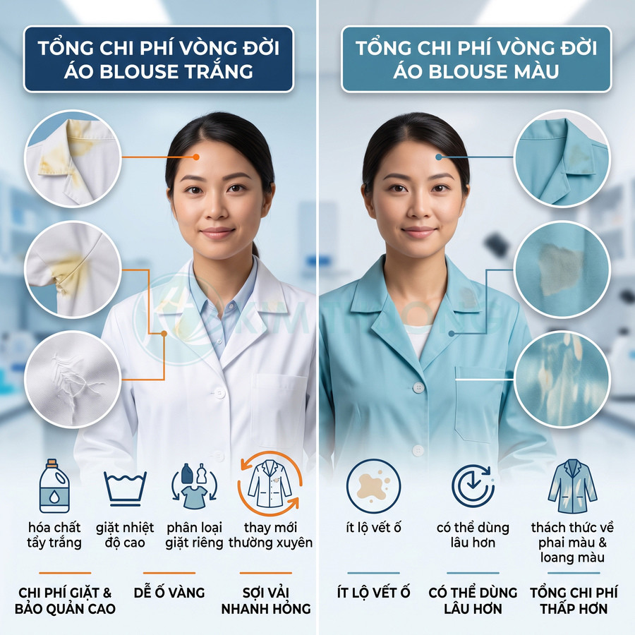 So sánh áo blouse trắng và áo blouse màu cho nhân viên y tế với các vết ố và chi phí sử dụng khác nhau