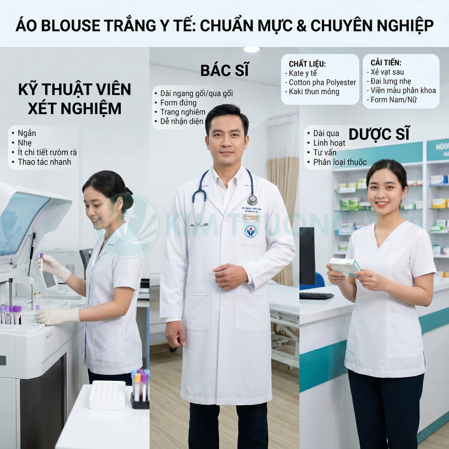Áo blouse trắng y tế cho bác sĩ kỹ thuật viên xét nghiệm và dược sĩ trong bệnh viện hiện đại