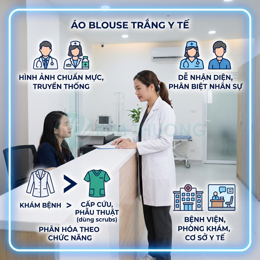 Bác sĩ nữ mặc áo blouse trắng y tế tư vấn bệnh nhân tại quầy tiếp nhận trong phòng khám hiện đại