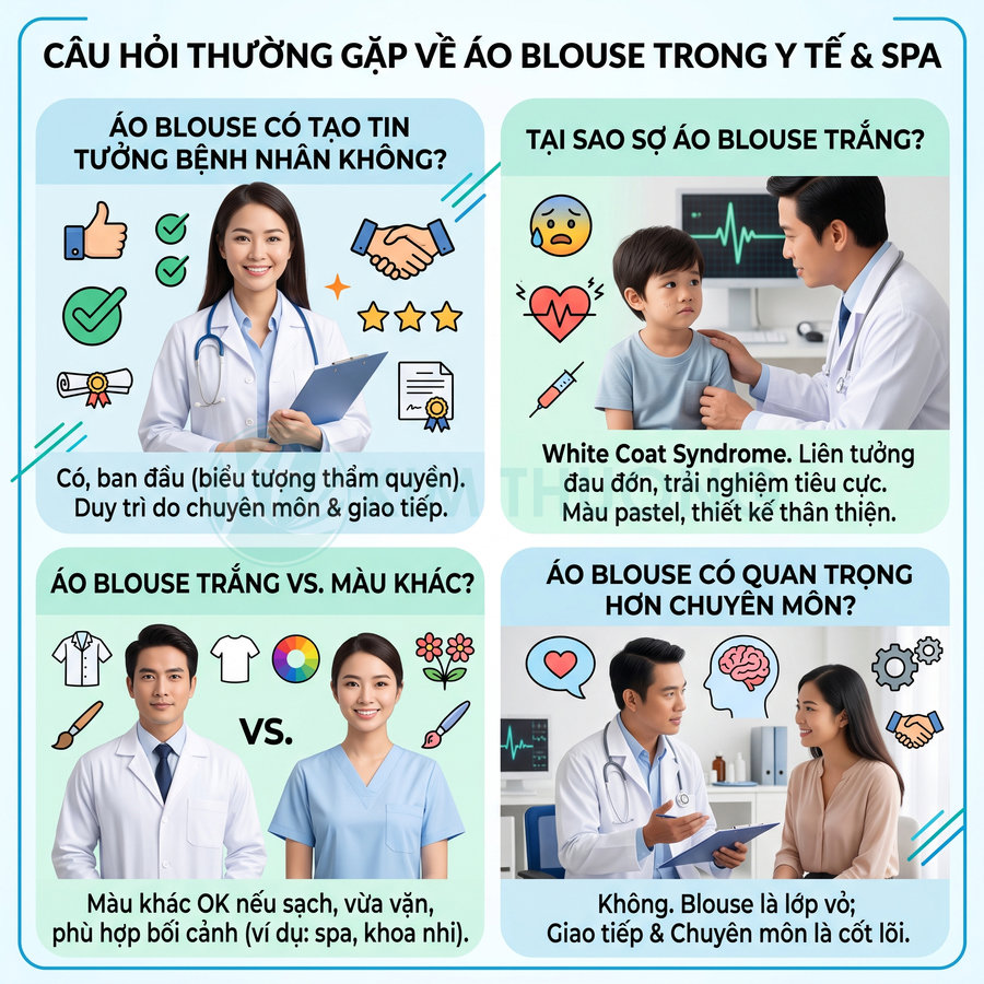 Infographic giải đáp câu hỏi về áo blouse trong y tế và spa với hình ảnh bác sĩ mặc áo blouse trắng và xanh pastel