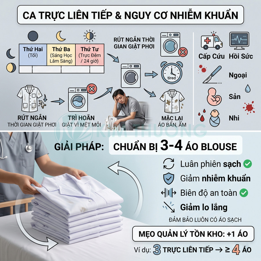 Áo blouse bác sĩ màu trắng được gấp gọn gàng thành nhiều lớp trên bàn, chuẩn bị cho ca trực liên tiếp