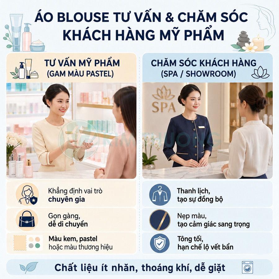 Mẫu áo blouse tư vấn và chăm sóc khách hàng mỹ phẩm gam pastel và xanh navy cho spa showroom
