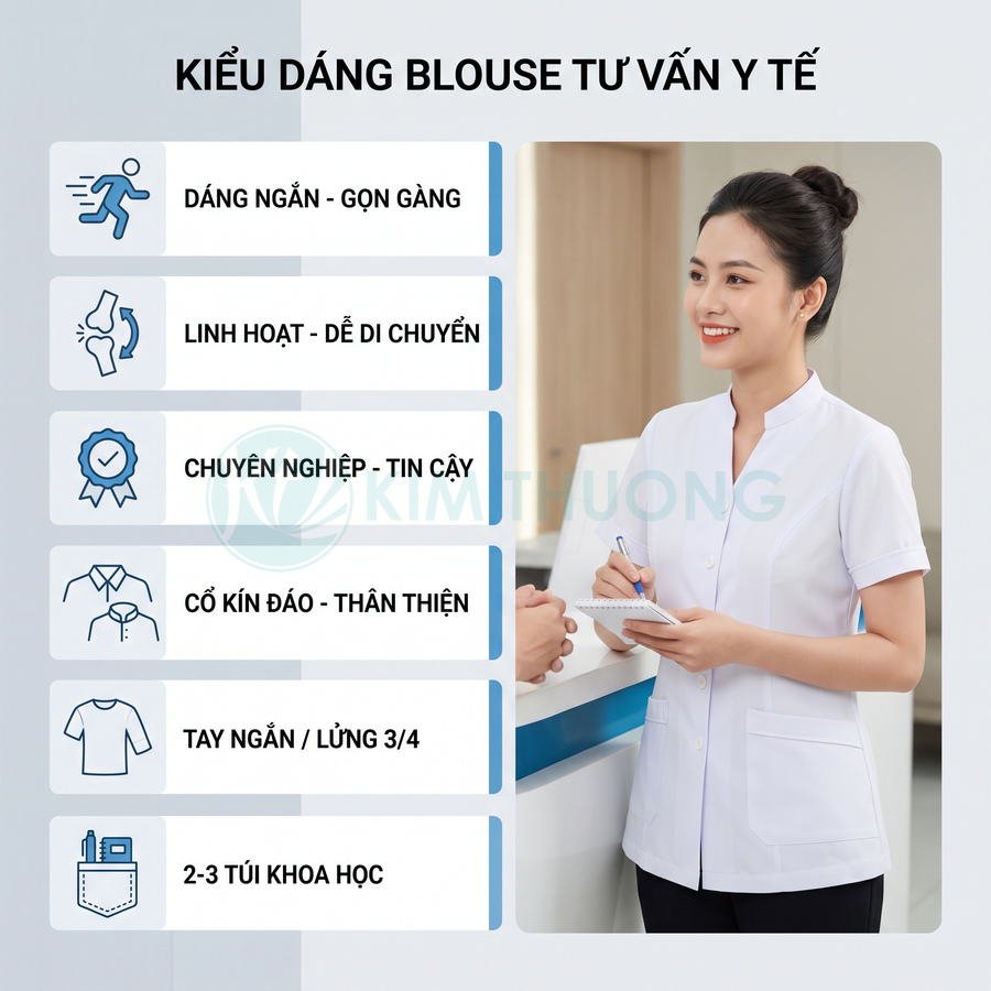 Nữ nhân viên y tế mặc áo blouse tư vấn màu trắng dáng ngắn tay ngắn cổ kín nhiều túi tiện dụng