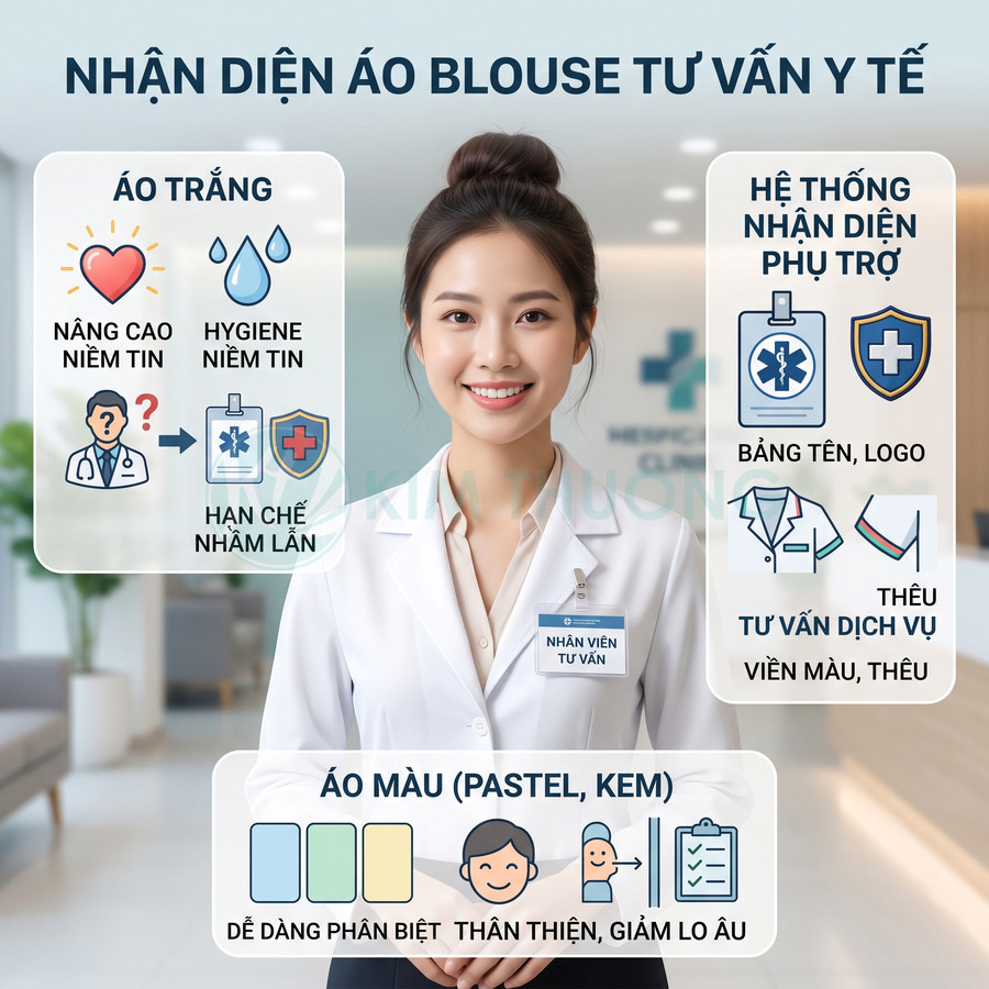 Nhân viên tư vấn y tế mặc áo blouse trắng đeo bảng tên trong không gian phòng khám hiện đại