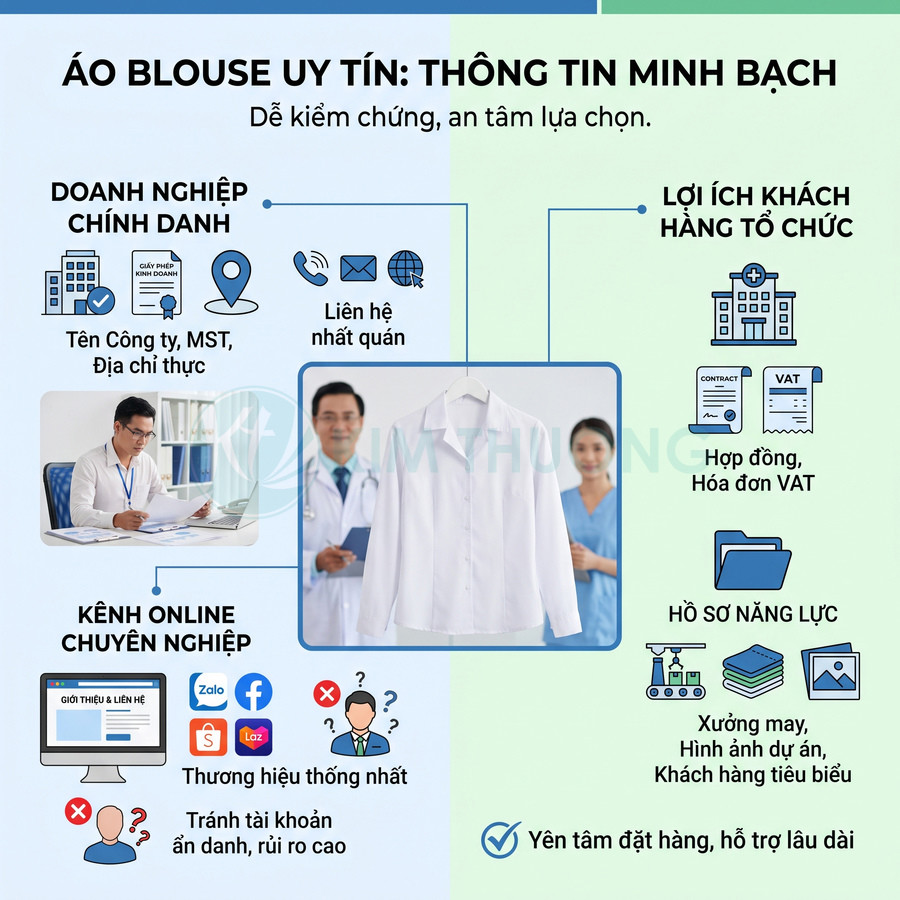 Áo blouse trắng dài tay treo trên móc, kèm thông tin chọn đơn vị may áo blouse uy tín, minh bạch, chuyên nghiệp