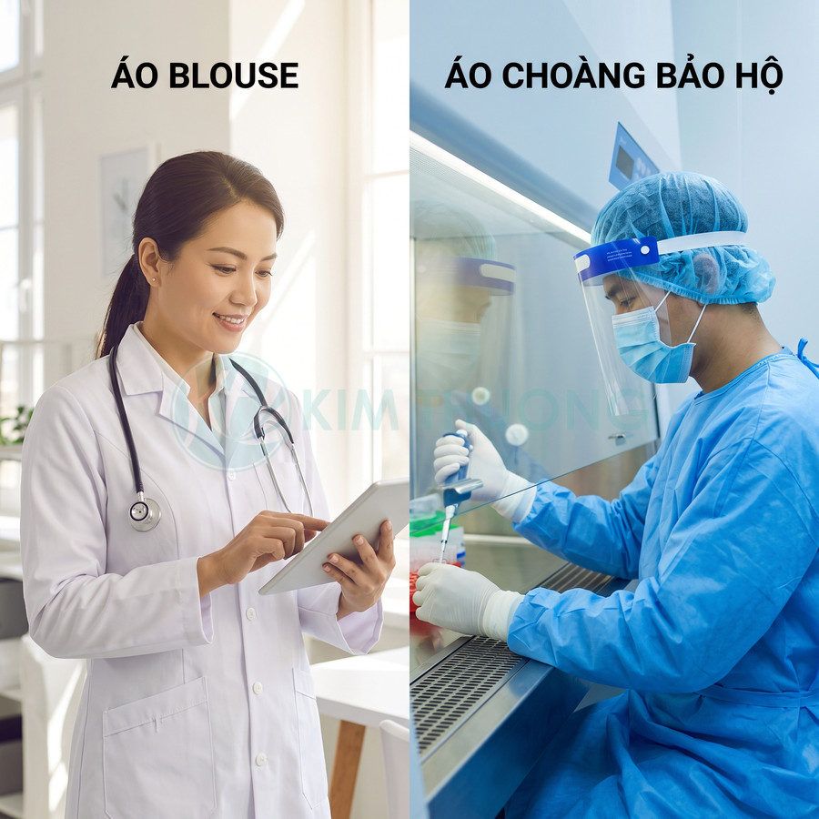 Áo blouse bác sĩ màu trắng và áo choàng bảo hộ y tế màu xanh trong phòng thí nghiệm