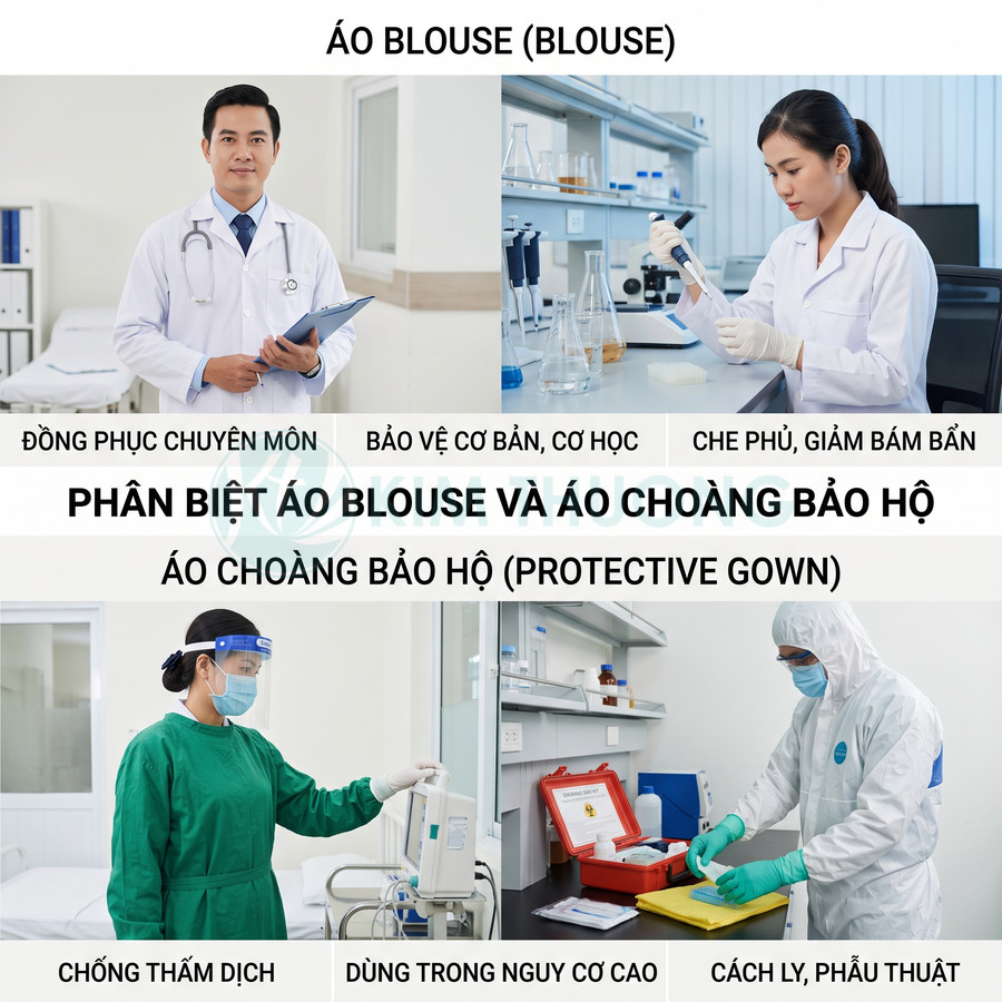 So sánh áo blouse trắng và áo choàng bảo hộ y tế dùng trong phòng thí nghiệm và khu cách ly