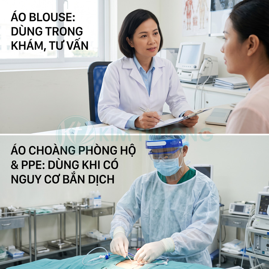 Bác sĩ mặc áo blouse khám tư vấn và bác sĩ mặc áo choàng phòng hộ PPE phẫu thuật trong phòng mổ