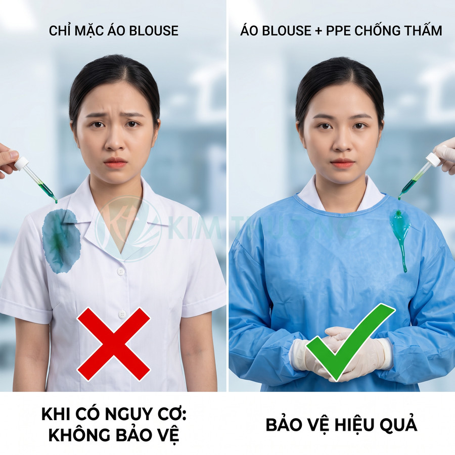 So sánh áo blouse thường và áo blouse kèm áo choàng PPE chống thấm khi tiếp xúc dung dịch lỏng