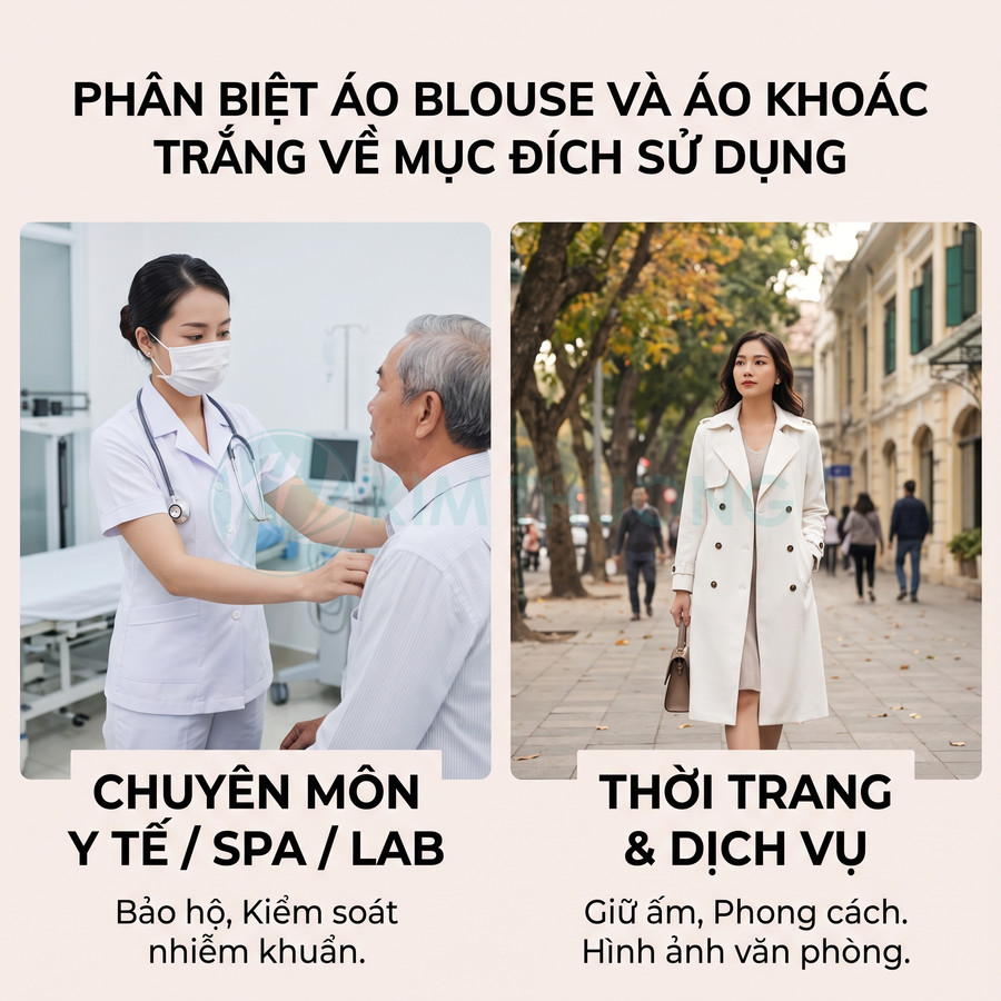 So sánh áo blouse trắng y tế và áo khoác trắng thời trang dành cho nữ trong môi trường làm việc