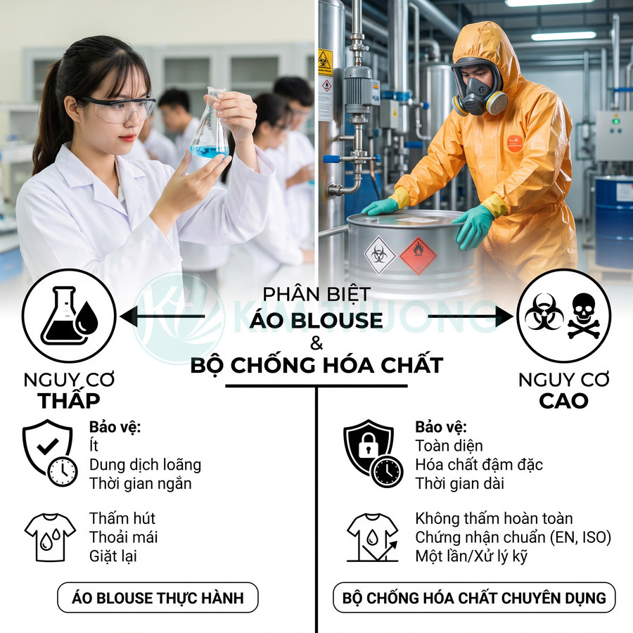 So sánh áo blouse thực hành và bộ chống hóa chất chuyên dụng trong phòng thí nghiệm