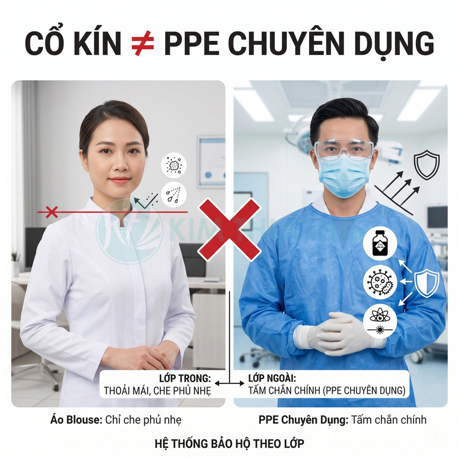 So sánh áo blouse cổ kín và bộ đồ bảo hộ y tế PPE chuyên dụng cho nhân viên y tế