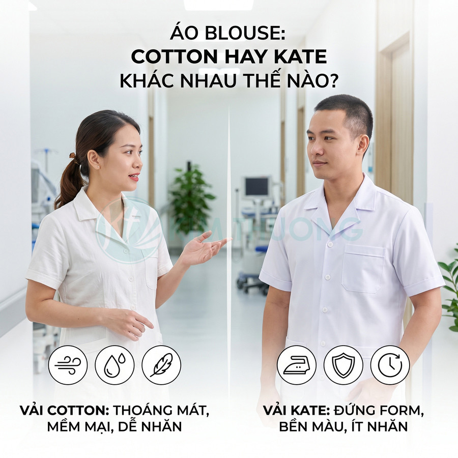 Áo blouse cotton và kate màu trắng, so sánh đặc tính thoáng mát, mềm mại, đứng form và ít nhăn