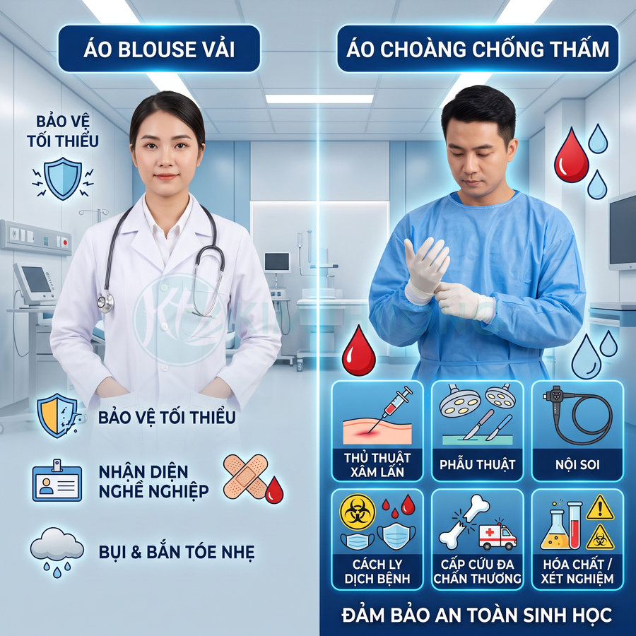So sánh áo blouse vải và áo choàng chống thấm cho bác sĩ trong phòng khám, nhấn mạnh khả năng bảo vệ an toàn sinh học