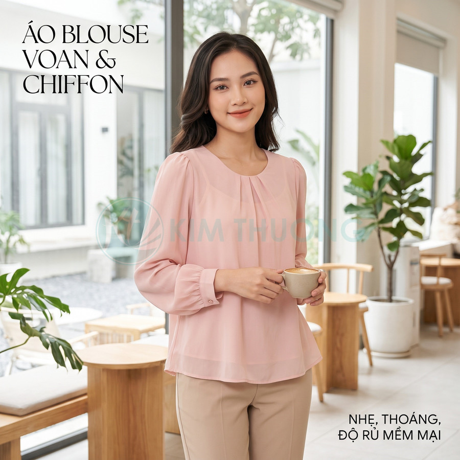 Áo blouse voan chiffon màu hồng nhạt tay dài cho nữ, dáng rộng nhẹ nhàng trong quán cà phê