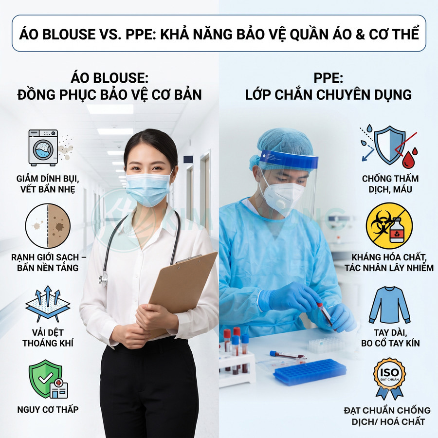 So sánh áo blouse và đồ bảo hộ PPE y tế về khả năng bảo vệ quần áo và cơ thể