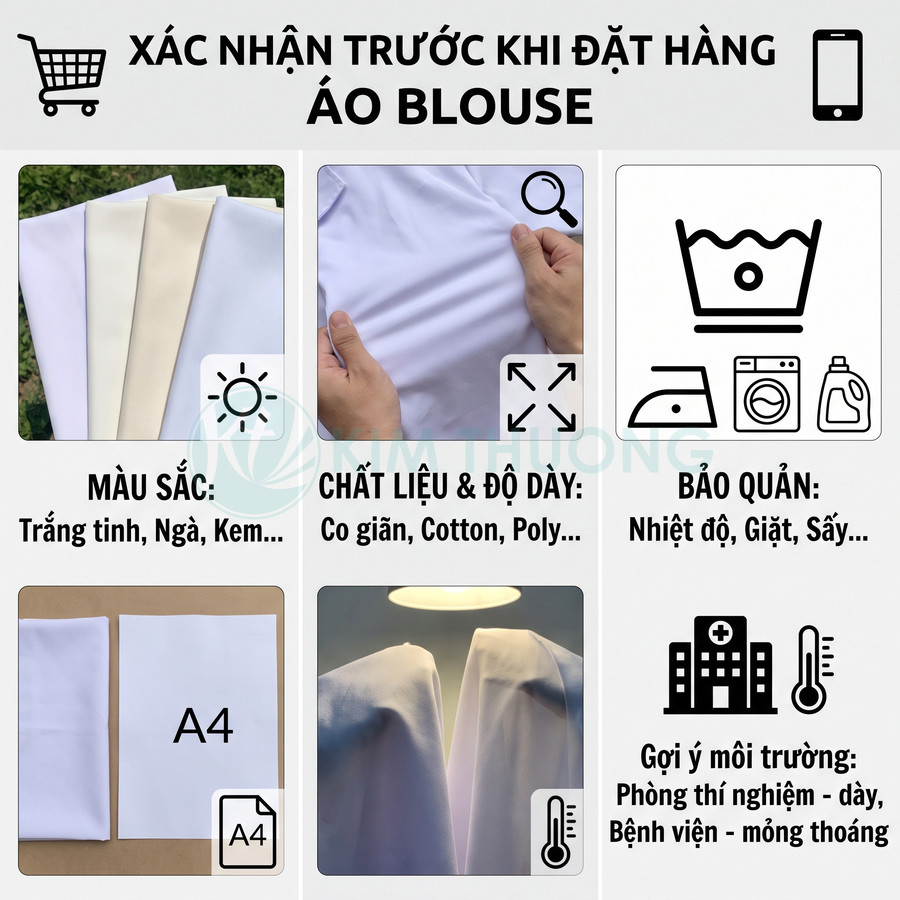 Các mẫu vải áo blouse trắng cùng thông tin về màu sắc, chất liệu, độ dày và cách bảo quản
