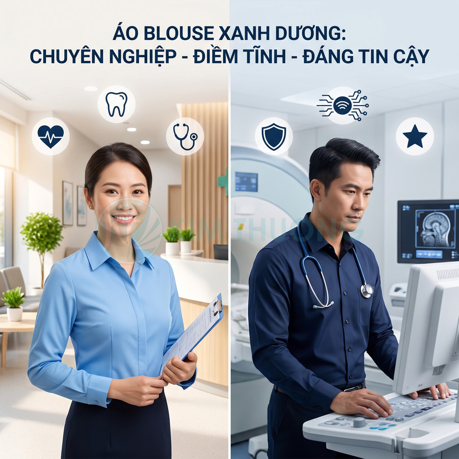 Áo blouse xanh dương cho nhân viên y tế, thiết kế dài tay lịch sự, phù hợp môi trường bệnh viện chuyên nghiệp