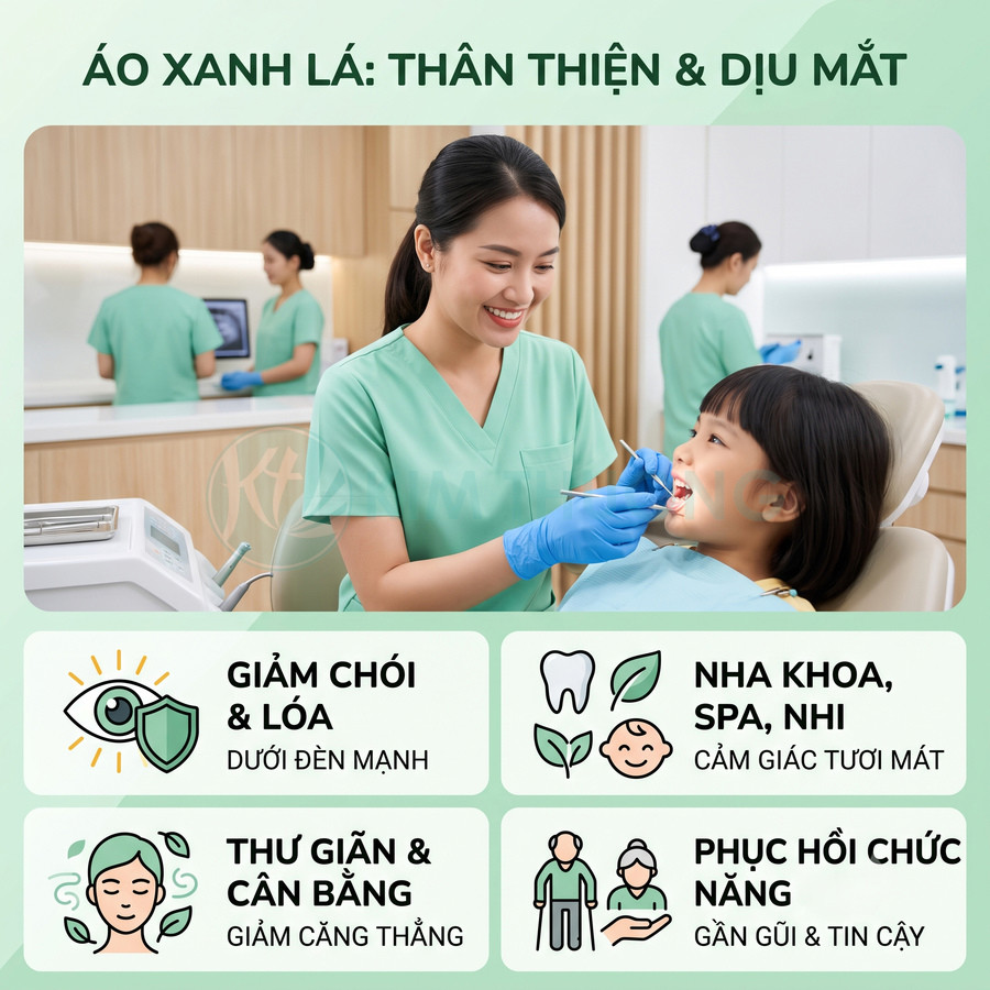Nha sĩ mặc áo xanh lá khám răng cho bé trong phòng nha khoa hiện đại, tạo cảm giác thân thiện và dễ chịu