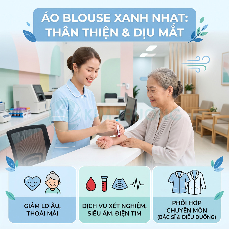 Điều dưỡng mặc áo blouse xanh nhạt chăm sóc bệnh nhân lớn tuổi tại phòng khám hiện đại
