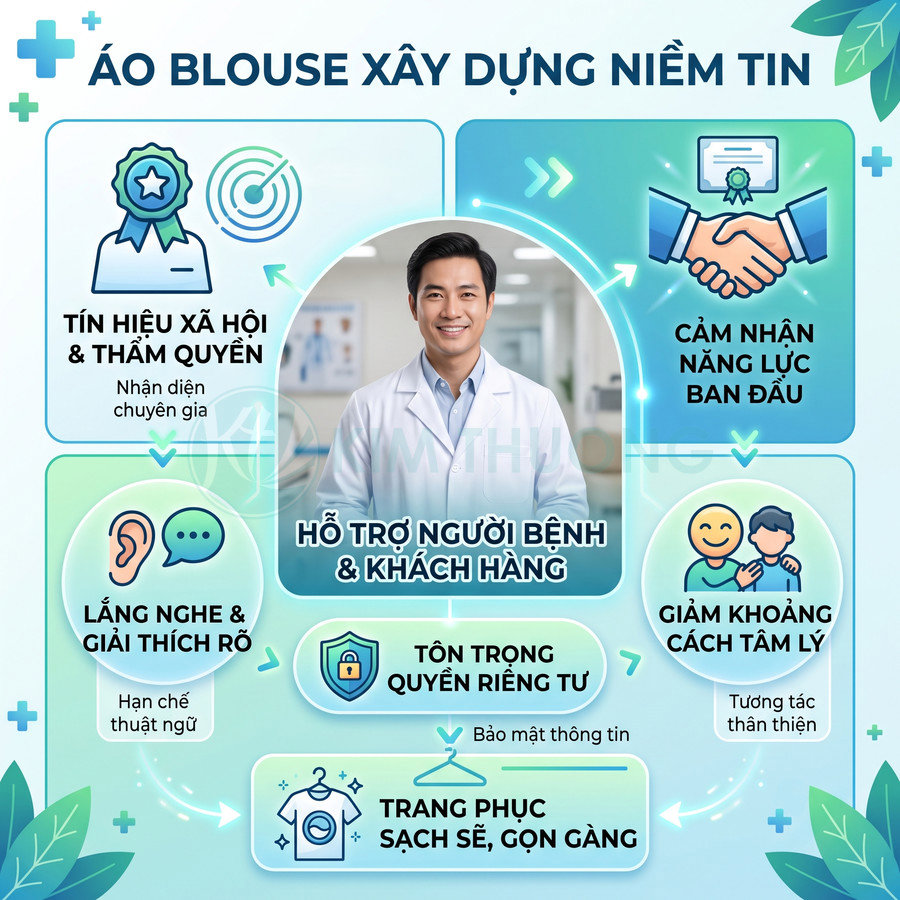 Bác sĩ nam mặc áo blouse trắng mỉm cười, minh họa vai trò áo blouse trong xây dựng niềm tin với bệnh nhân