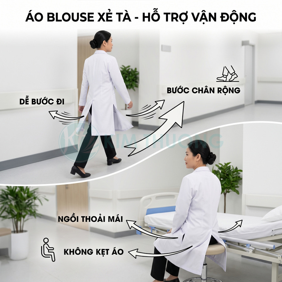 Áo blouse xẻ tà cho bác sĩ nữ giúp bước đi dễ dàng và ngồi thoải mái trong bệnh viện