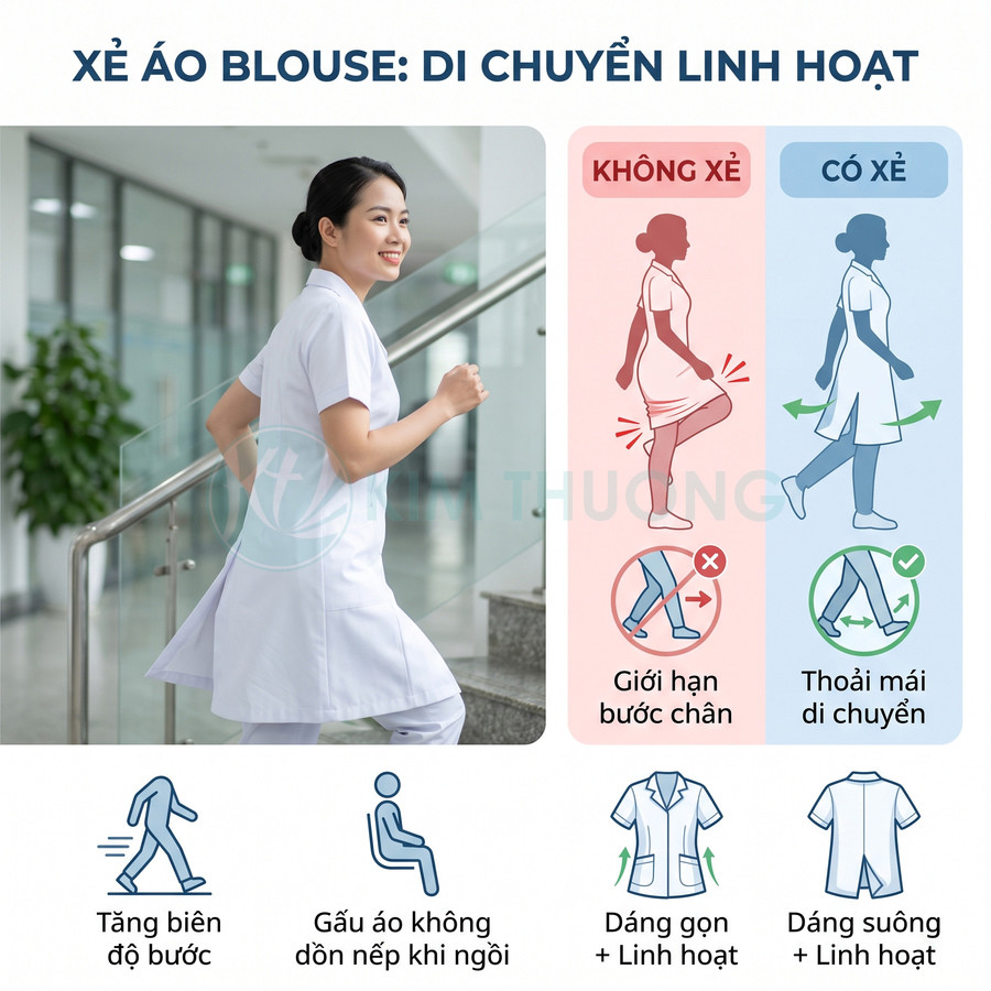 Áo blouse y tế xẻ tà giúp nữ nhân viên y tế di chuyển thoải mái linh hoạt khi làm việc