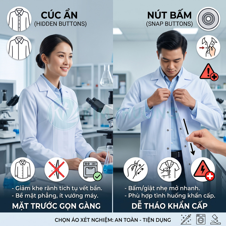 Áo blouse phòng thí nghiệm cúc ẩn và áo blouse nút bấm, so sánh ưu điểm gọn gàng và dễ tháo khẩn cấp