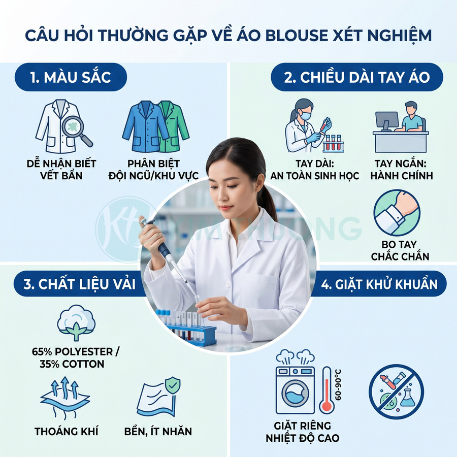 Áo blouse xét nghiệm trắng tay dài cho nhân viên y tế nữ, chất liệu thoáng khí dễ giặt khử khuẩn