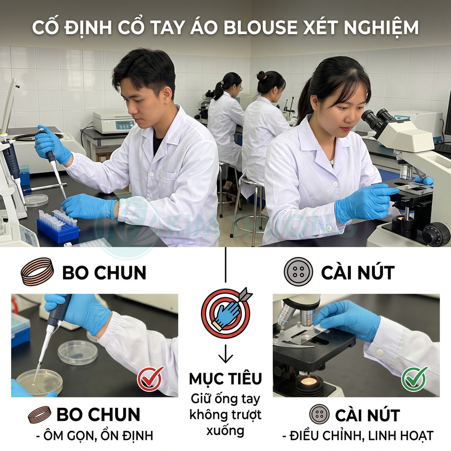 Áo blouse xét nghiệm cổ tay bo chun và cài nút, giữ ống tay cố định cho kỹ thuật viên phòng lab