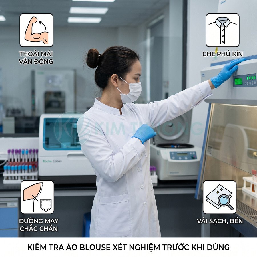 Áo blouse xét nghiệm trắng cho nhân viên y tế, thiết kế kín đáo, đường may chắc chắn, vải sạch bền trong phòng lab