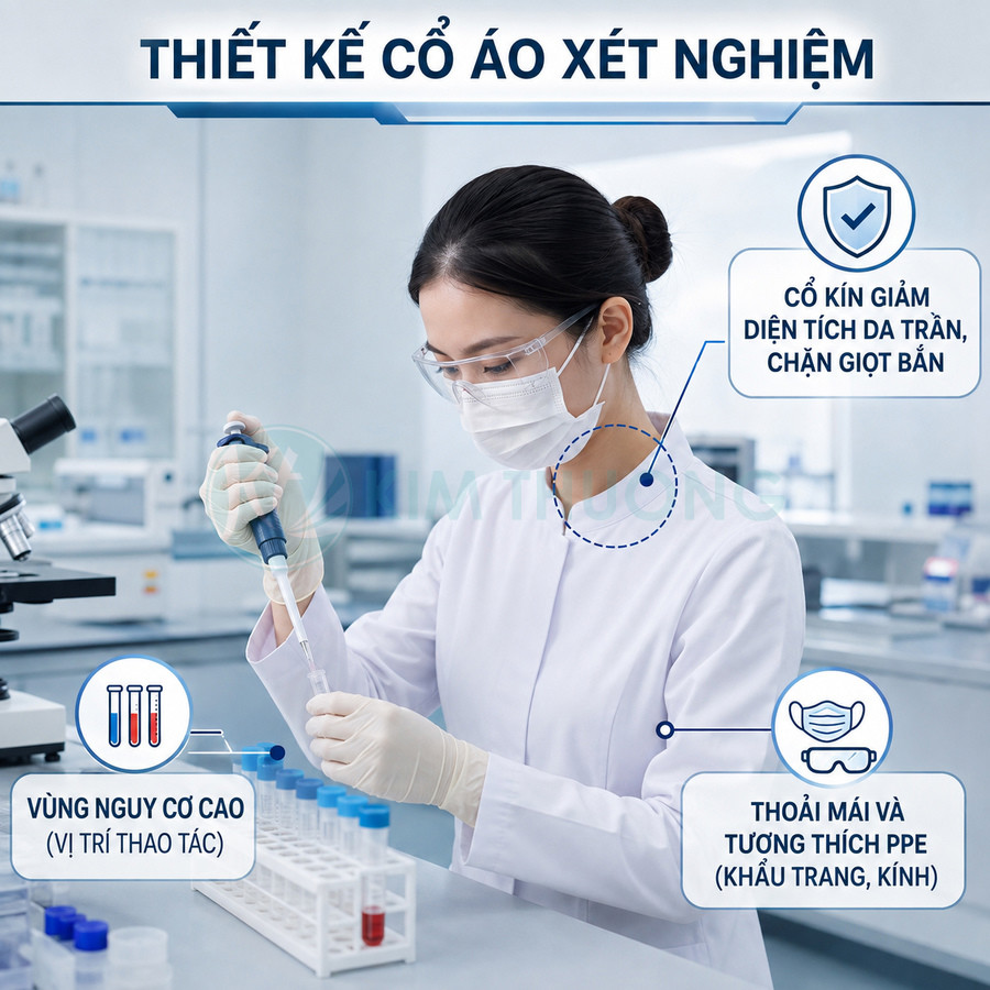 Áo blouse cổ kín cho nhân viên xét nghiệm trong phòng lab, kết hợp khẩu trang và kính bảo hộ PPE