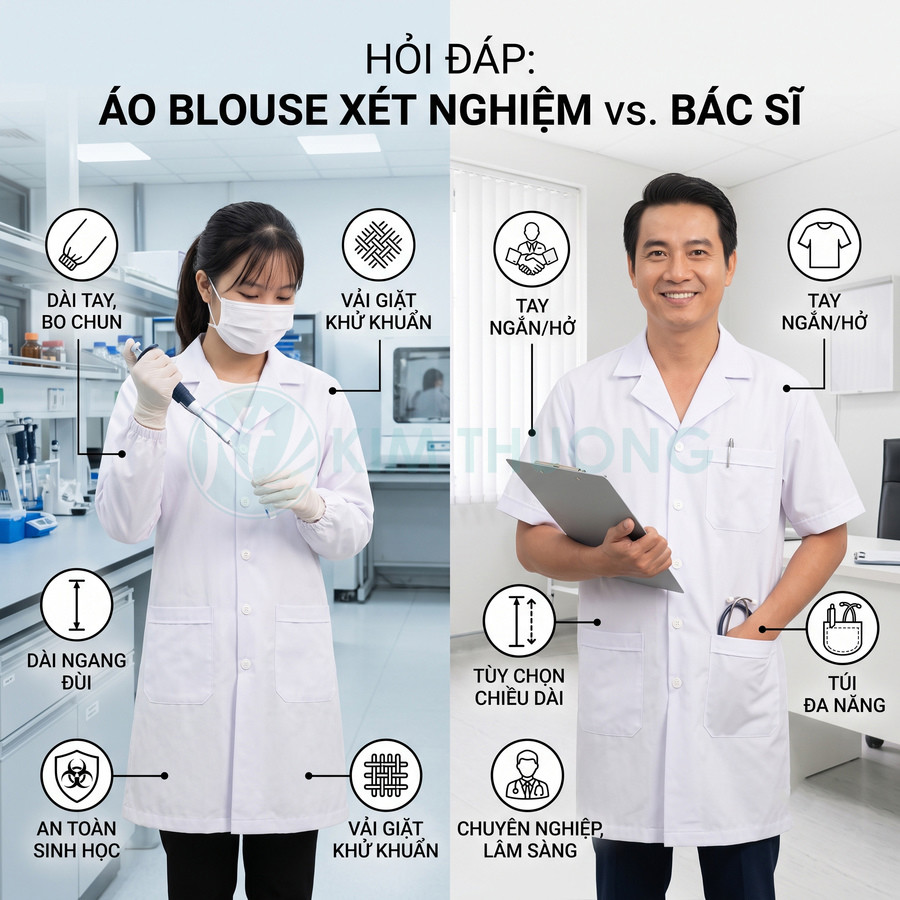 Áo blouse xét nghiệm tay dài và áo blouse bác sĩ tay ngắn cho nhân viên y tế trong phòng khám, bệnh viện