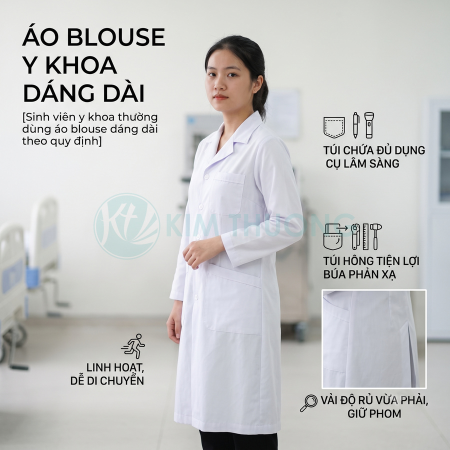 Áo blouse y khoa dáng dài màu trắng cho sinh viên, nhiều túi tiện dụng, chất vải đứng form