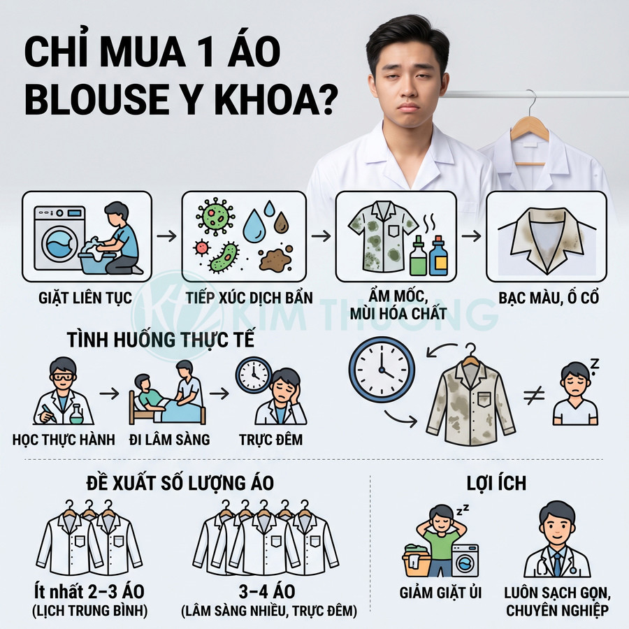 Nam sinh viên y khoa mặc áo blouse trắng, infographic khuyến nghị nên sở hữu nhiều áo blouse để luôn sạch và chuyên nghiệp