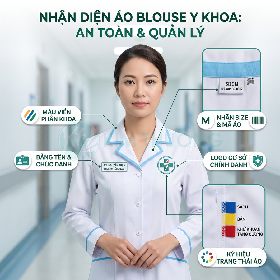 Áo blouse y khoa trắng viền xanh có bảng tên, logo bệnh viện, nhãn size và ký hiệu màu trạng thái áo