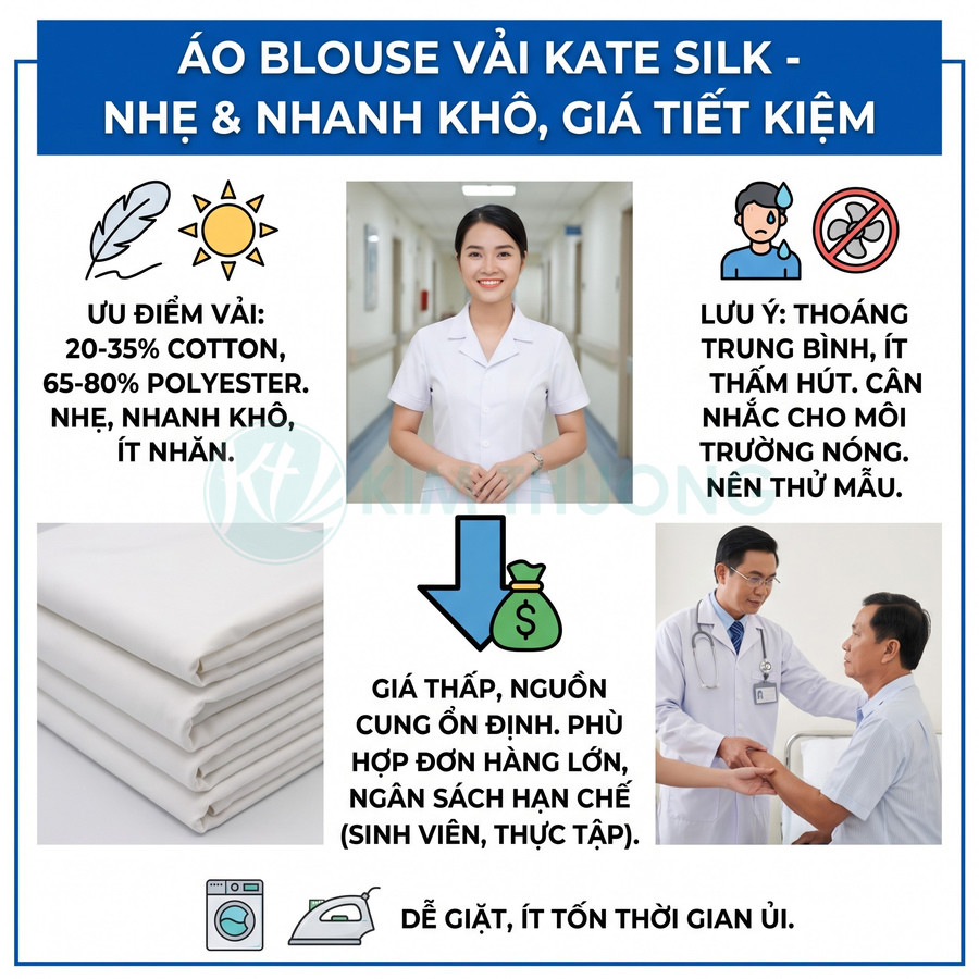 Áo blouse trắng vải Kate Silk nhẹ, nhanh khô, ít nhăn, phù hợp cho nhân viên y tế và sinh viên thực tập