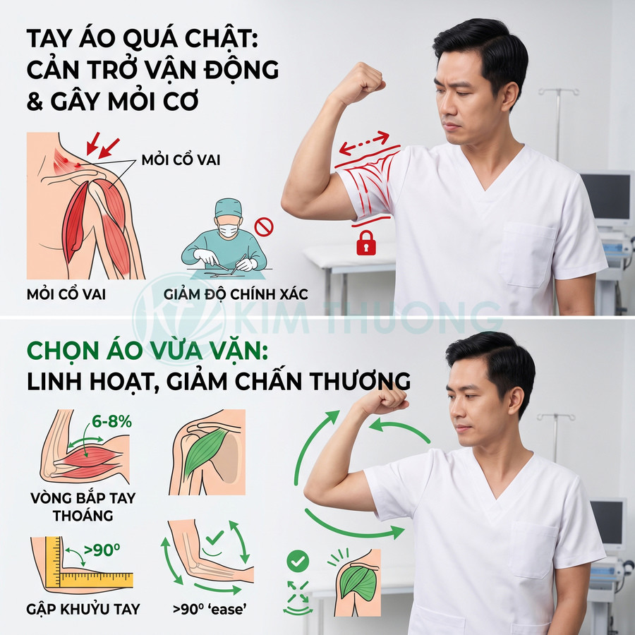 Bác sĩ nam mặc áo blouse y khoa tay vừa vặn, giơ tay minh họa sự linh hoạt và giảm mỏi cơ