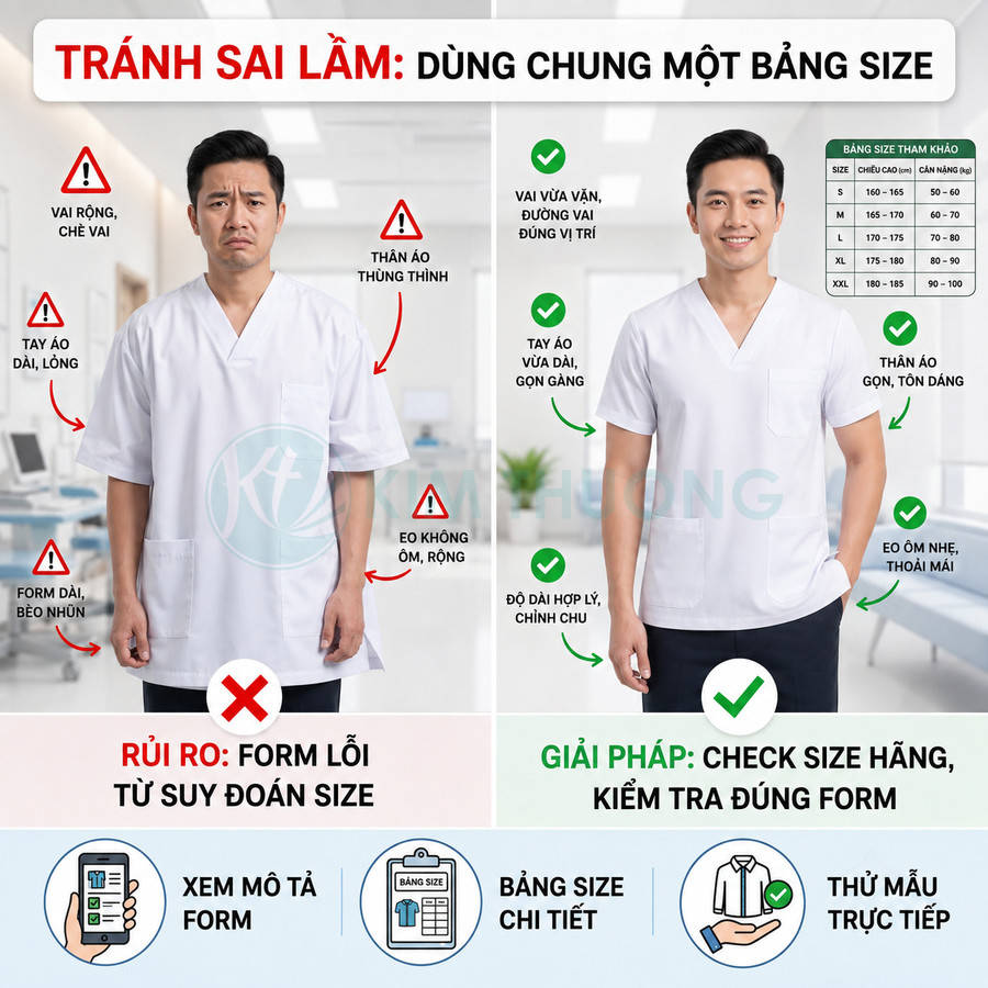 So sánh áo blouse y tế form rộng sai size và áo blouse vừa vặn đúng size cho nhân viên y tế