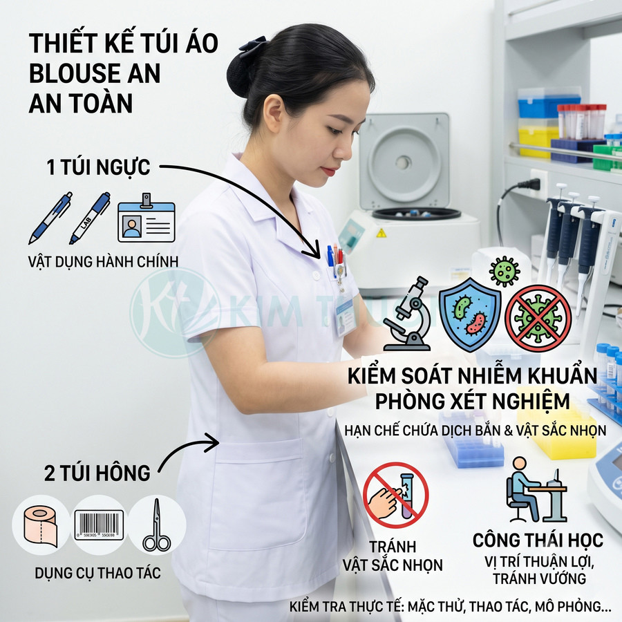 Áo blouse y tế nữ nhiều túi tiện dụng cho phòng xét nghiệm, hỗ trợ kiểm soát nhiễm khuẩn và thao tác an toàn