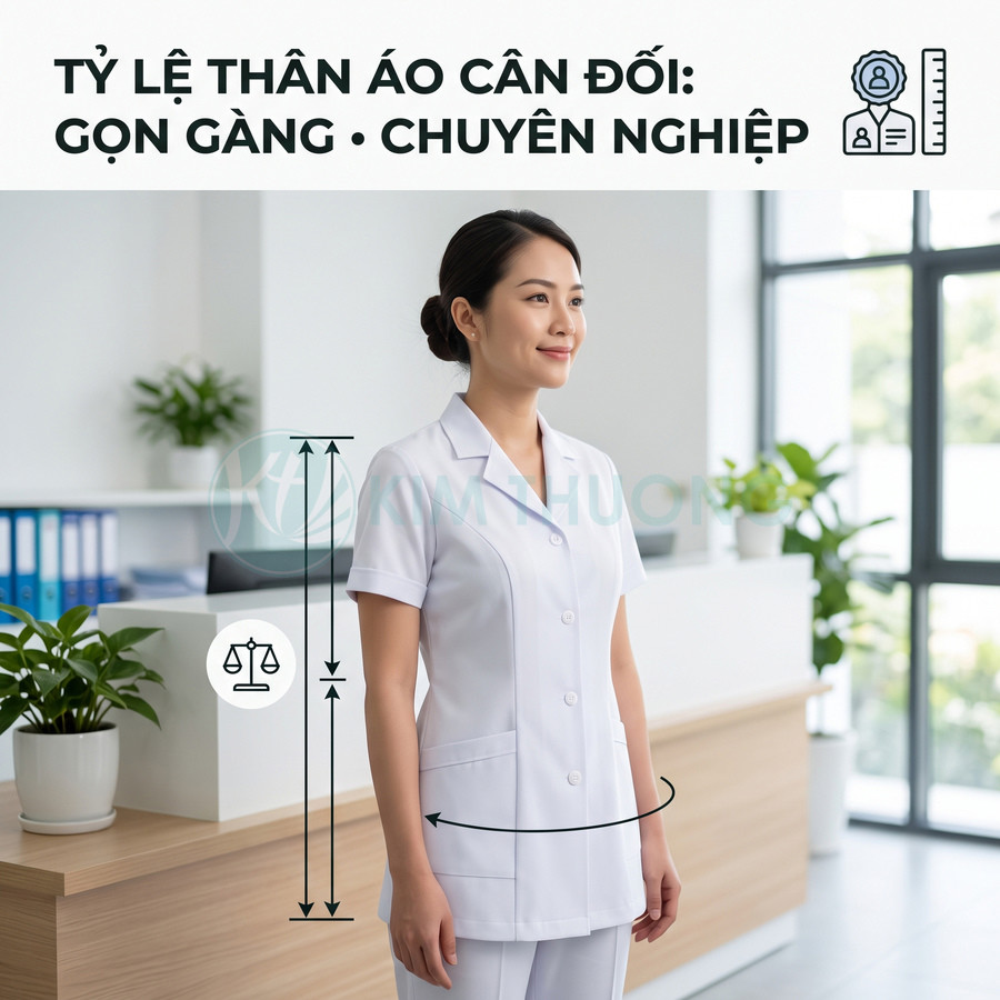 Nữ nhân viên y tế mặc đồng phục áo blouse trắng dáng suông gọn gàng trong phòng khám hiện đại