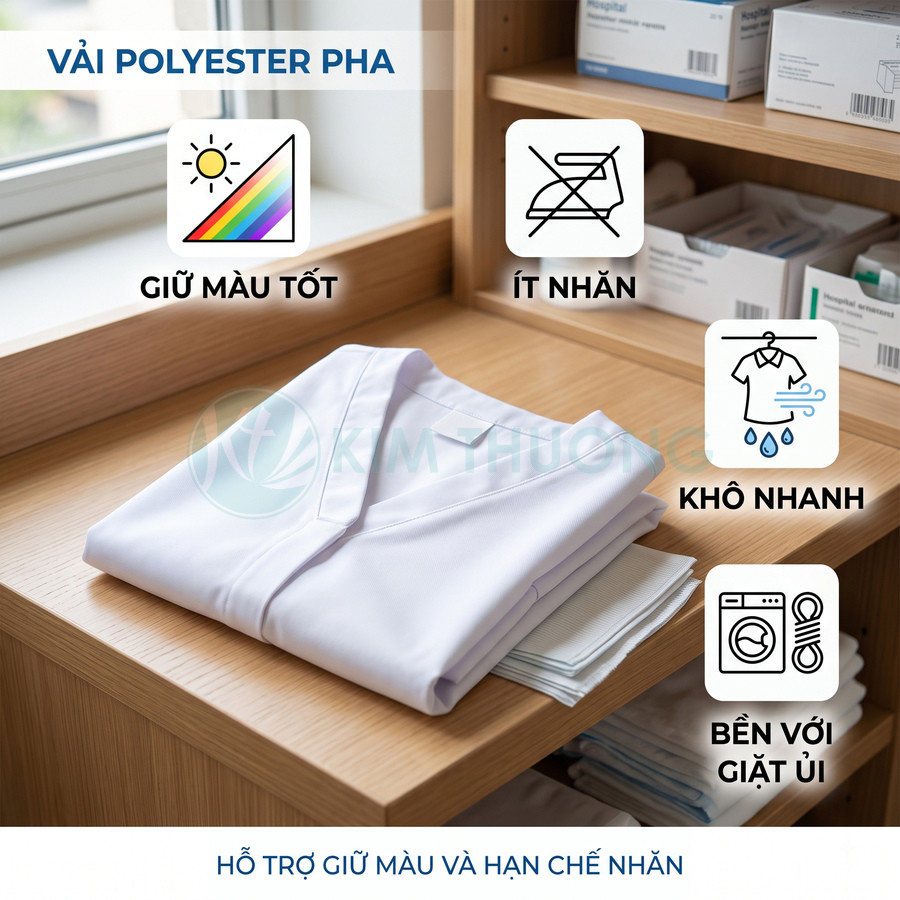 Áo blouse y tế vải polyester pha màu trắng gấp gọn trên kệ gỗ, ít nhăn, khô nhanh, bền màu và bền khi giặt ủi
