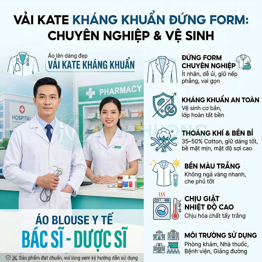 Áo blouse y tế vải kate kháng khuẩn cho bác sĩ dược sĩ, form đứng, màu trắng chuyên nghiệp và sạch sẽ